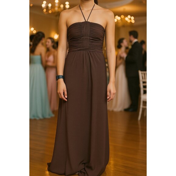 BCBG Paris Chocolate Brown Silk Chiffon Pleated Halter Maxi Dress Size 2 Elegant - Picture 1 of 12